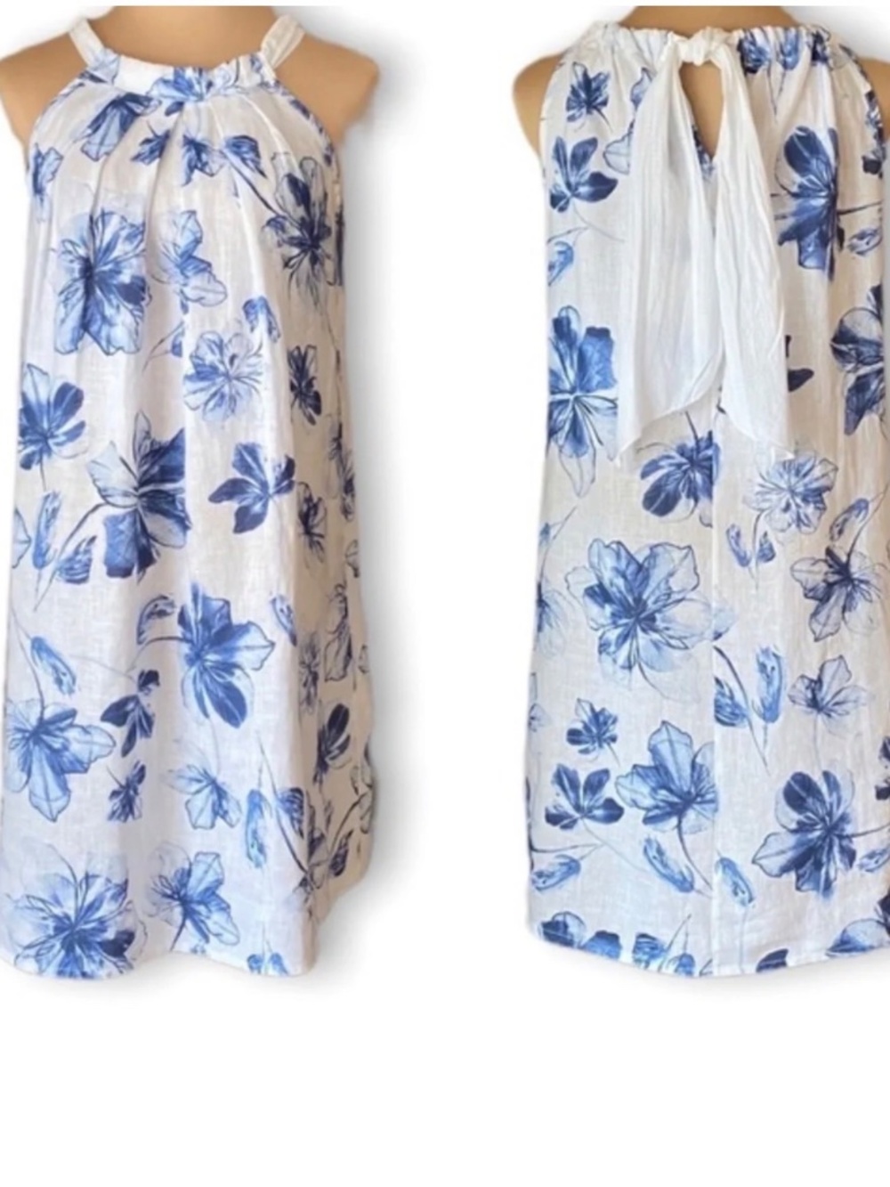 Bellambra Made in Italy Linen Halter Shift Dress Blue Floral XS